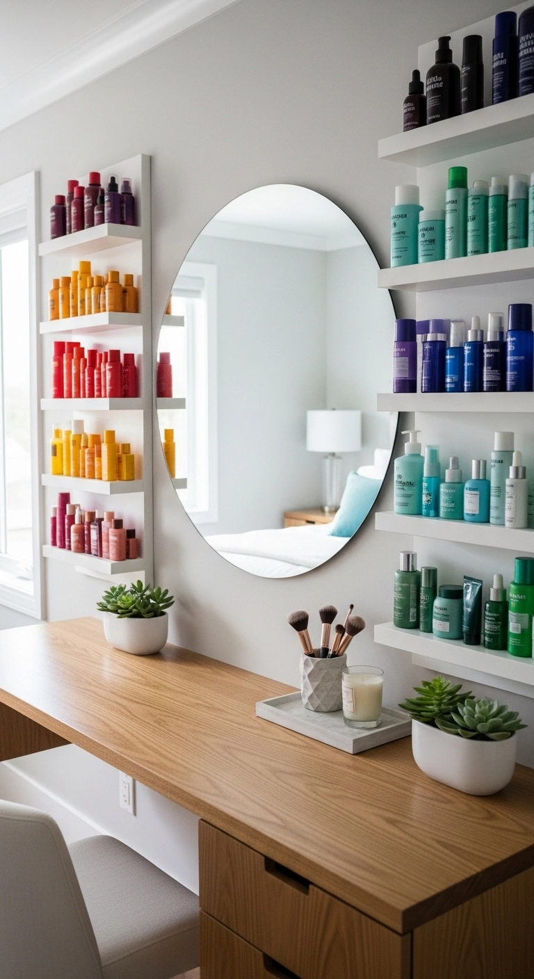 Open shelf bedroom vanity ideas with organized beauty products and modern décor