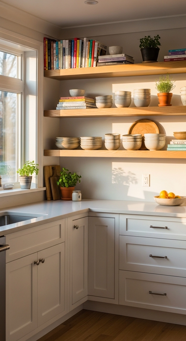 Kitchen with open shelf kitchen cabinets ideas combining wooden shelves and white cabinets.