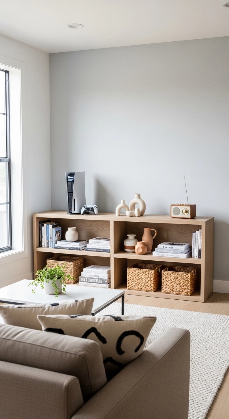 TV Table Ideas featuring an open-shelf TV table with stylish decor