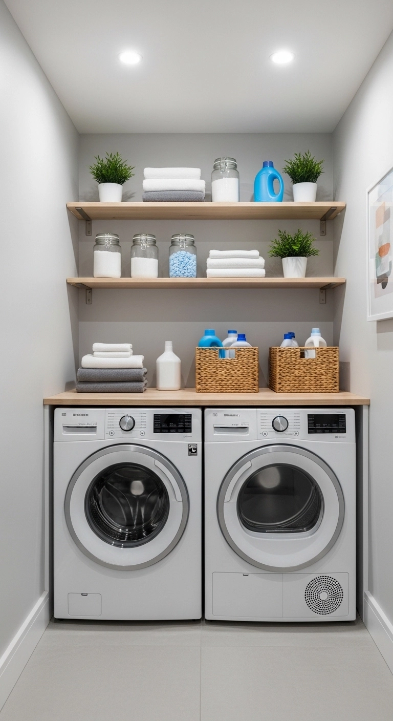 Laundry room ideas with stylish open shelving, towels, jars, baskets, and washer and dryer in a modern setup