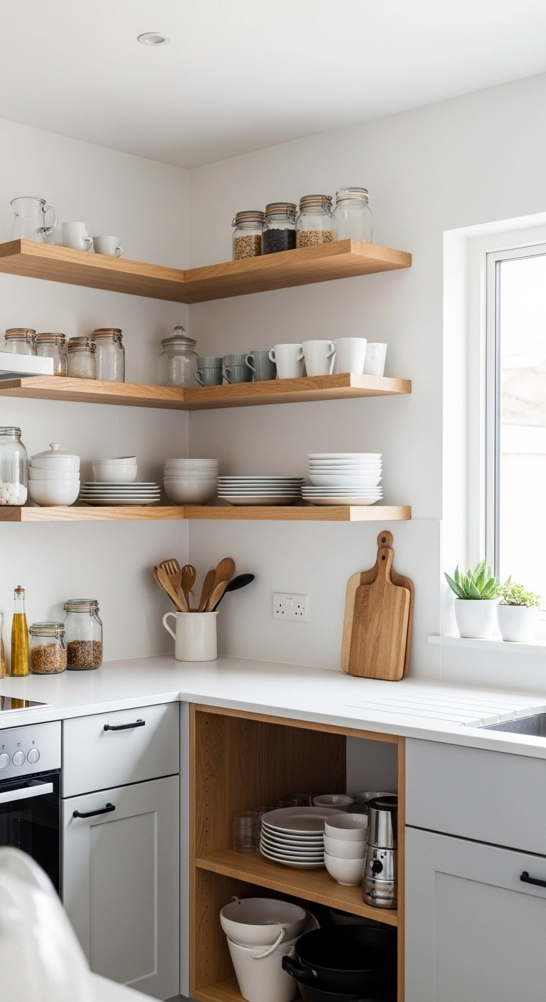 Open shelving small kitchen ideas with neatly arranged kitchen items.