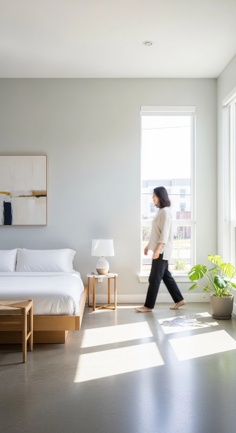 Minimalist bedroom with open layout and spacious design.
