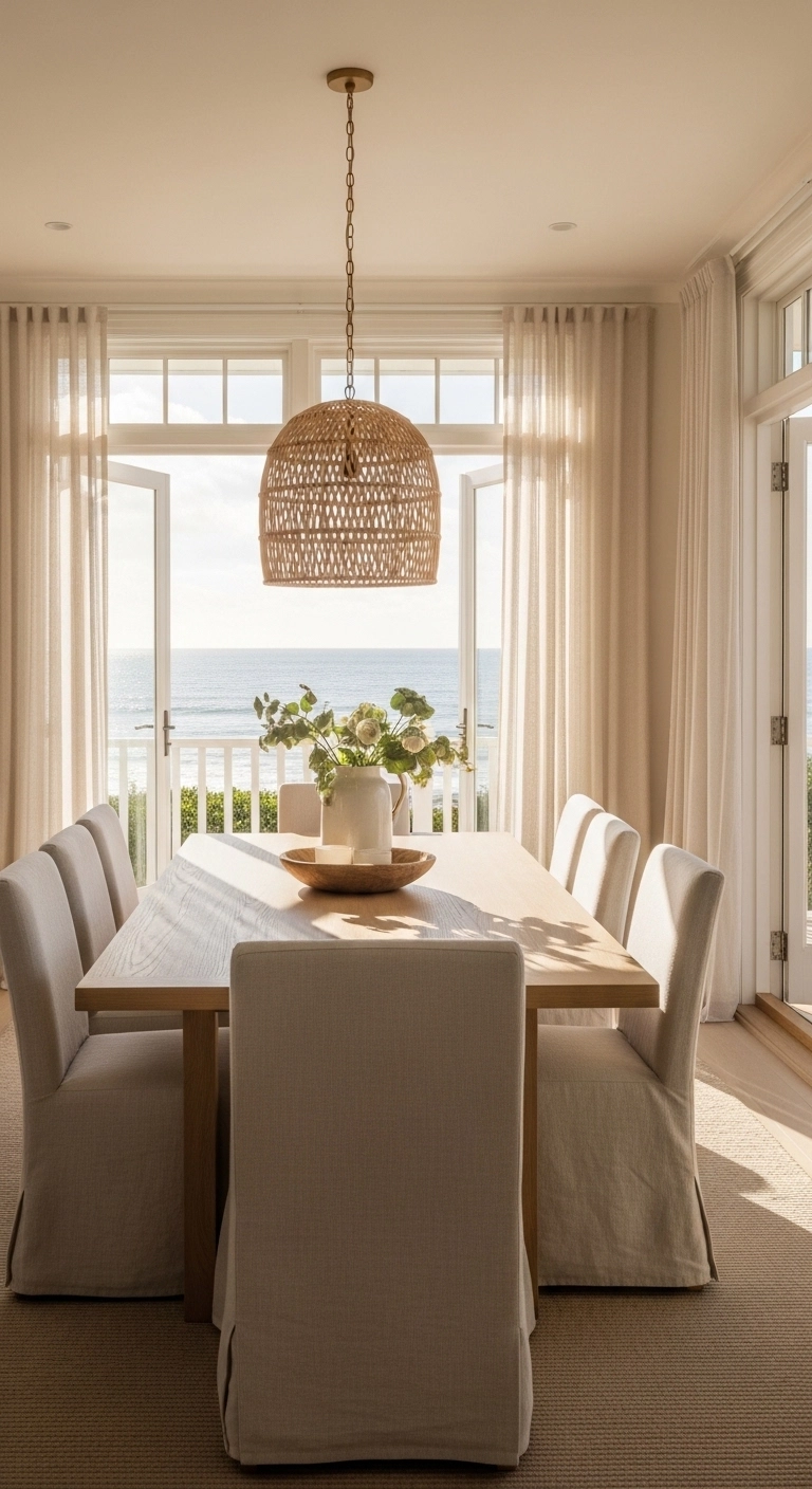 Beach house dining room with open windows, sheer curtains, and light wood table for airy coastal style.