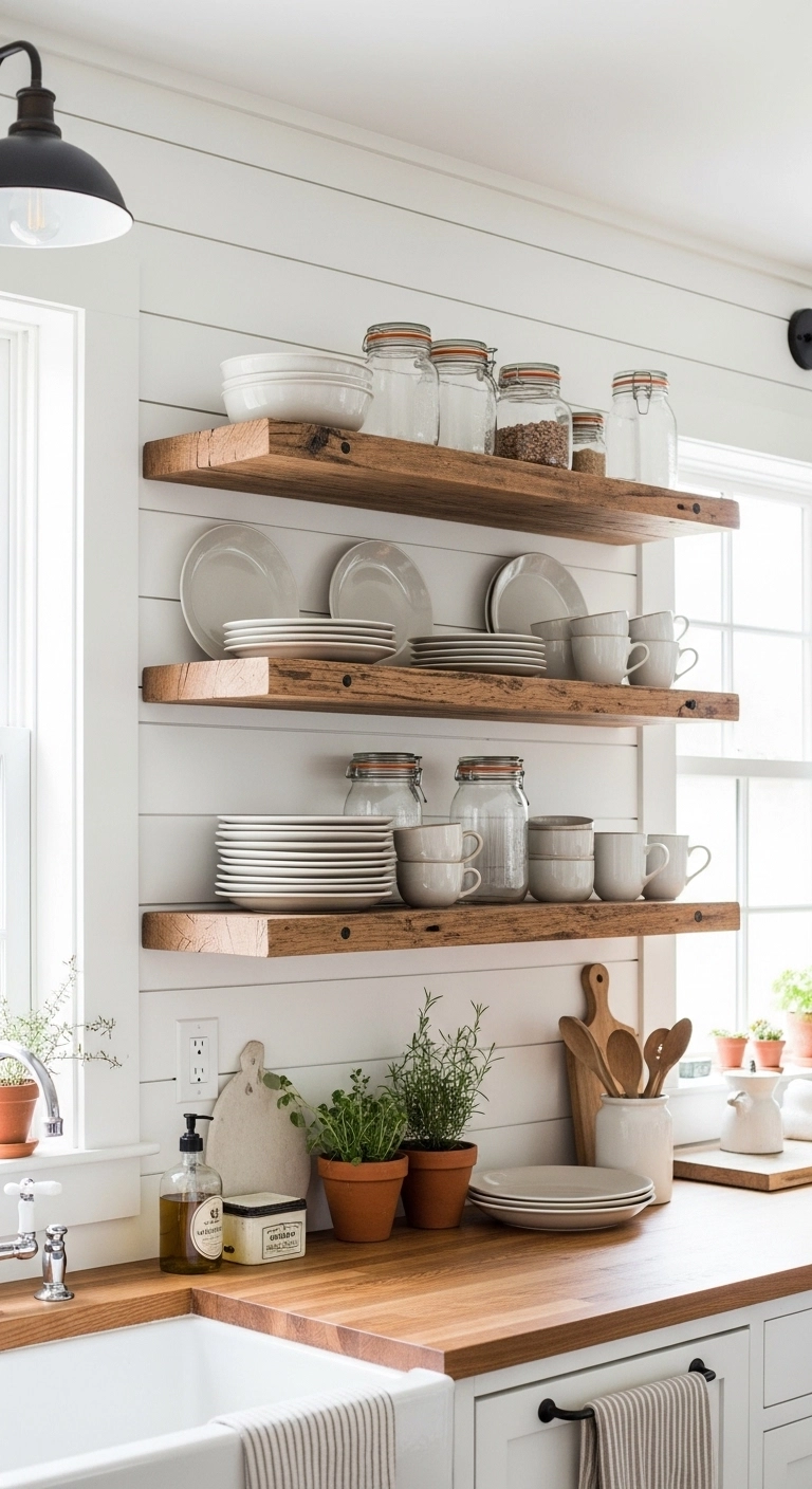 Reclaimed wood open shelving displaying dishes and plants in a farmhouse kitchen featuring relaxed farmhouse kitchen ideas.