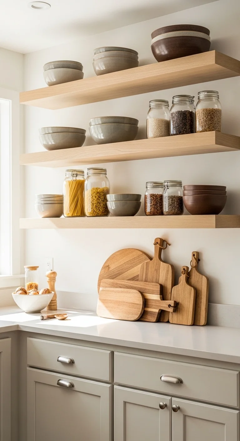 Kitchen with open wood shelving displaying ceramic bowls and jars representing warm neutral kitchen ideas with natural materials.
