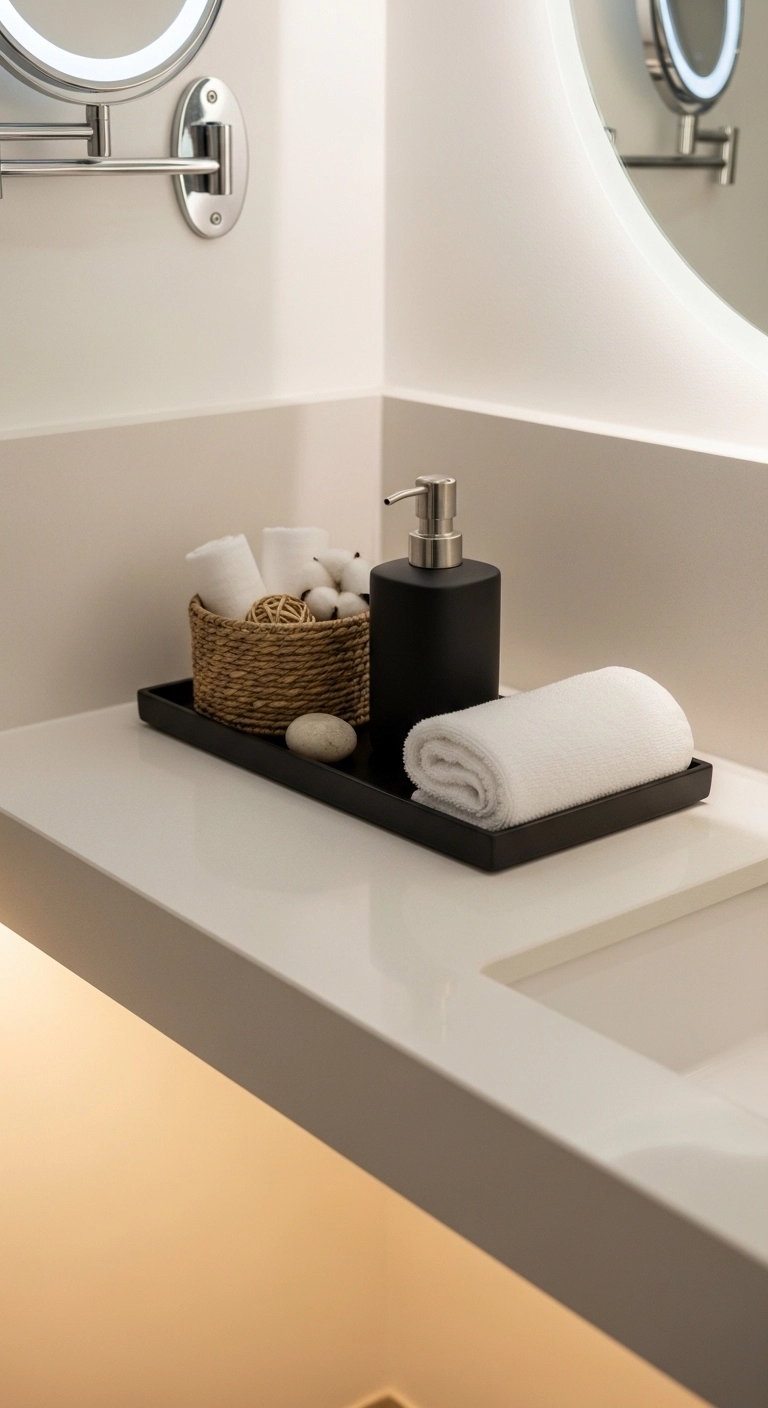 small bathroom ideas with tidy countertop tray styling