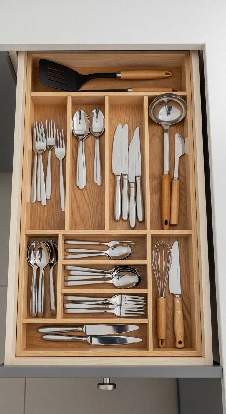 Small kitchen ideas with organized drawers and dividers.