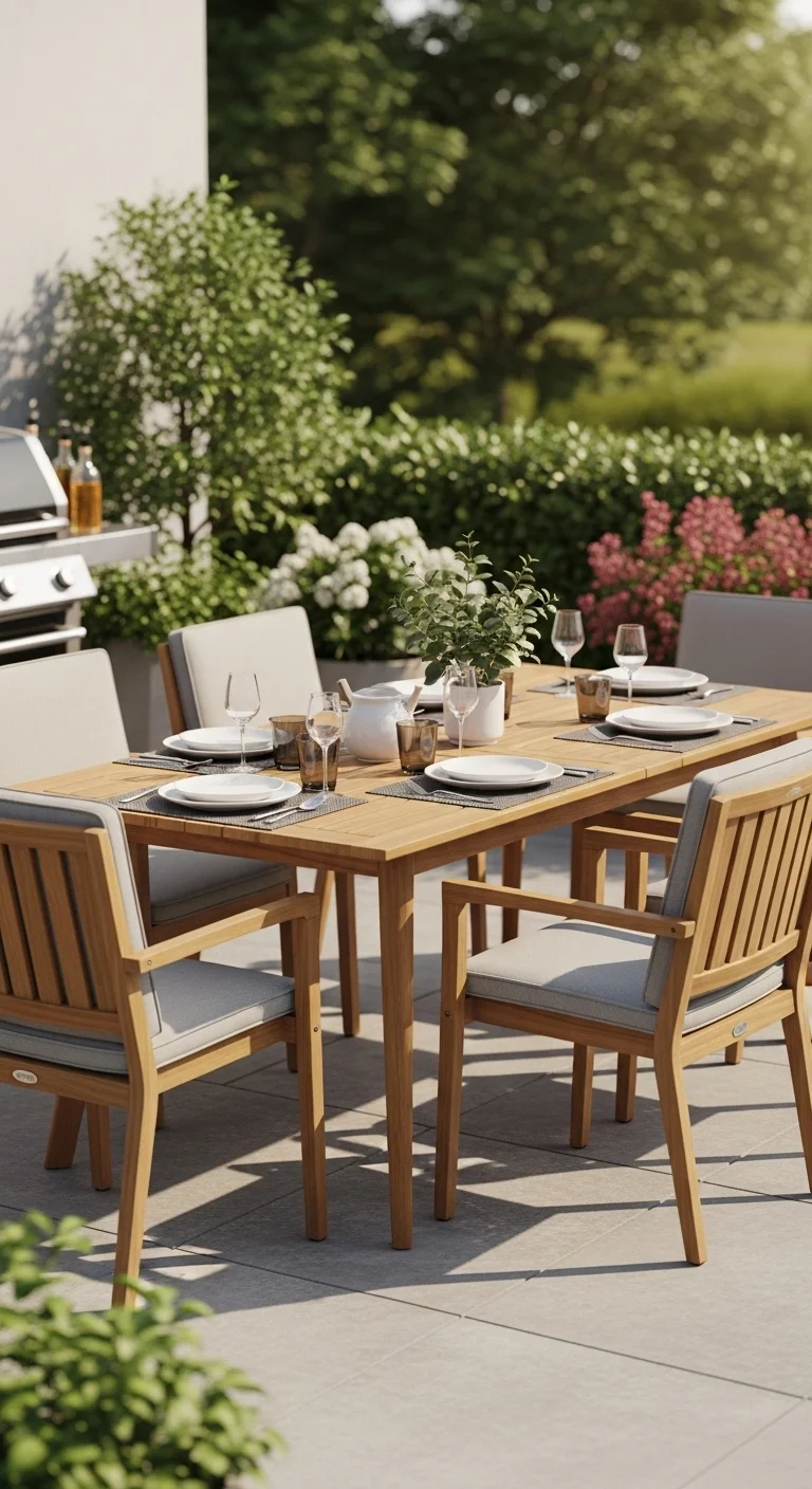 Outdoor dining table setup showcasing practical outdoor patio ideas for backyard entertaining.