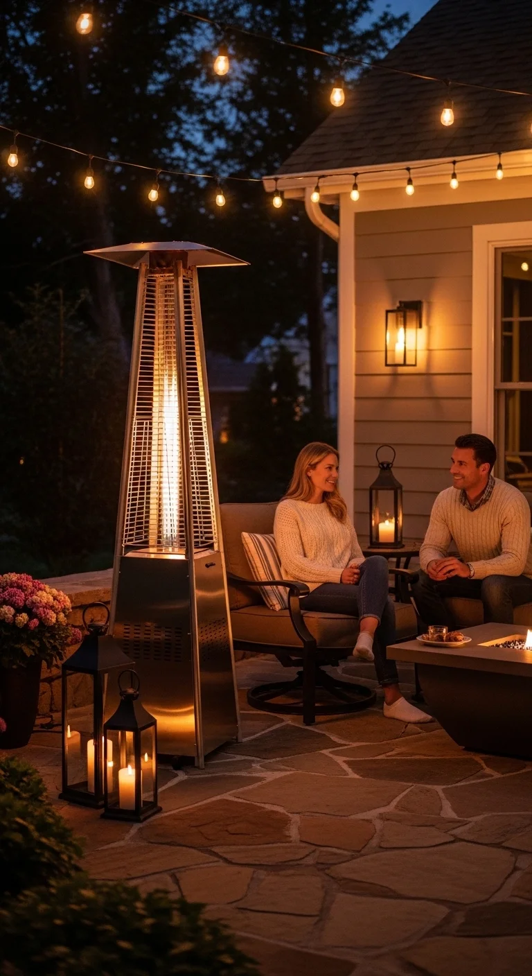 Outdoor patio heater extending comfort in outdoor patio ideas during cool evenings.