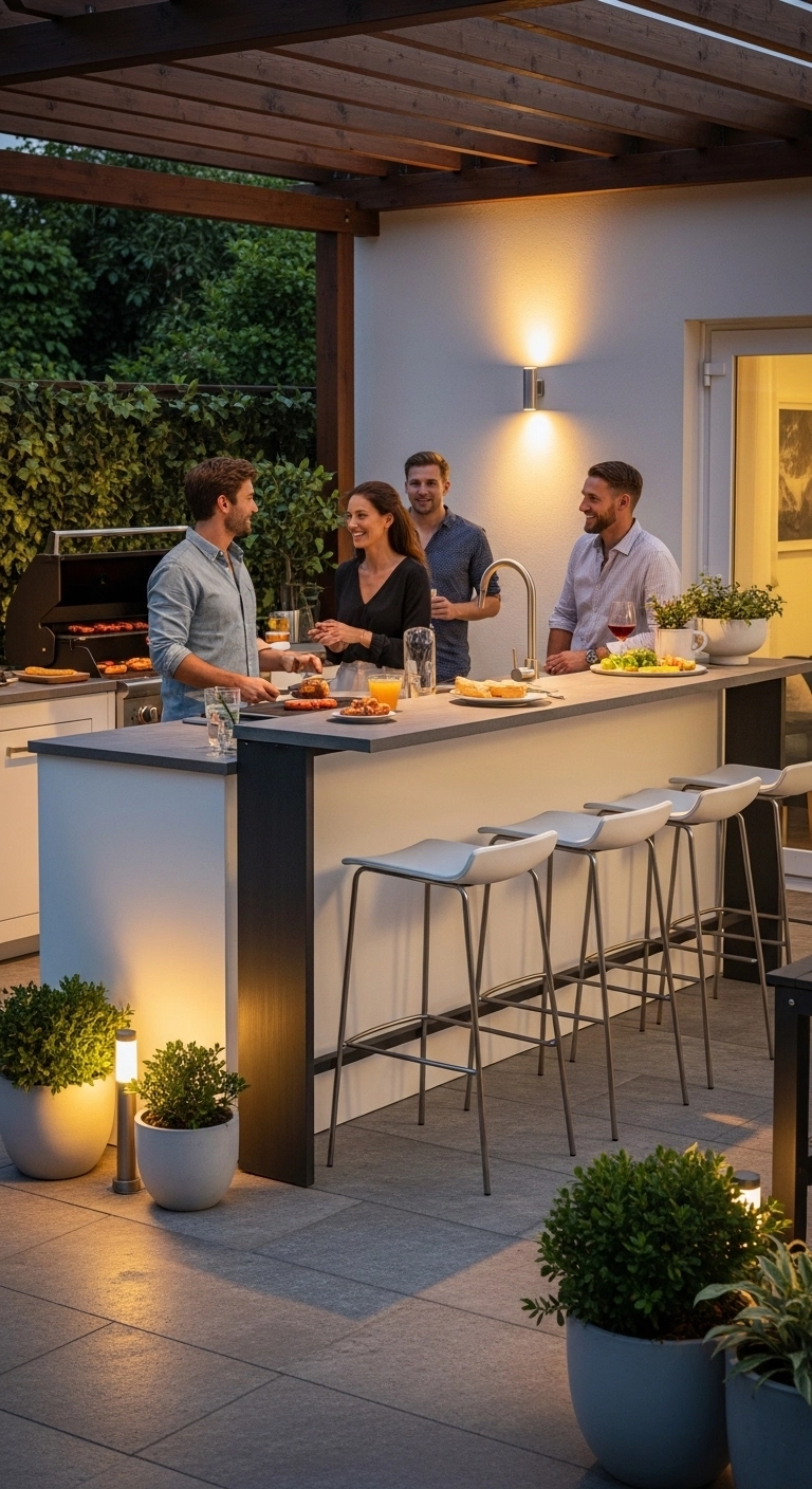 Friends sitting at an outdoor kitchen bar counter demonstrating social outdoor kitchen ideas.