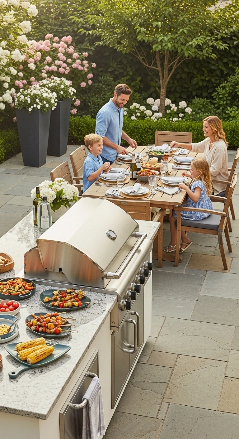 Family dining beside a backyard cooking area highlighting social outdoor kitchen ideas.