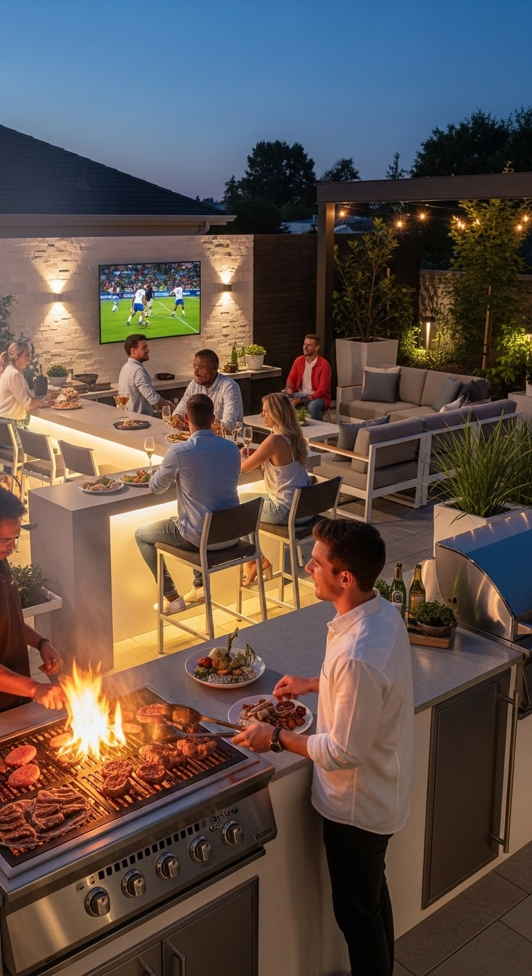 Outdoor kitchen with weatherproof TV for sports viewing showcasing entertainment outdoor kitchen ideas.
