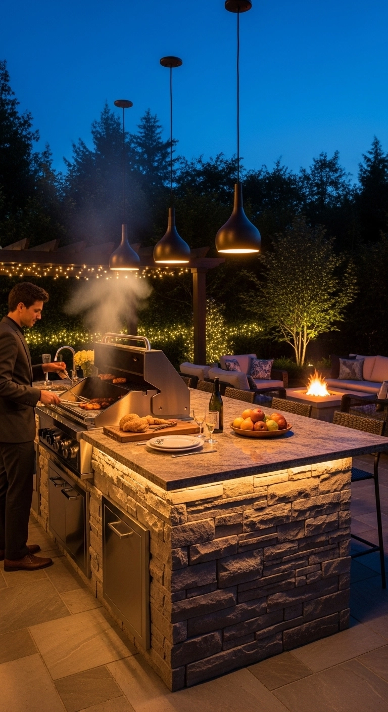 Outdoor kitchen with pendant lighting and LED lights representing modern outdoor kitchen ideas.