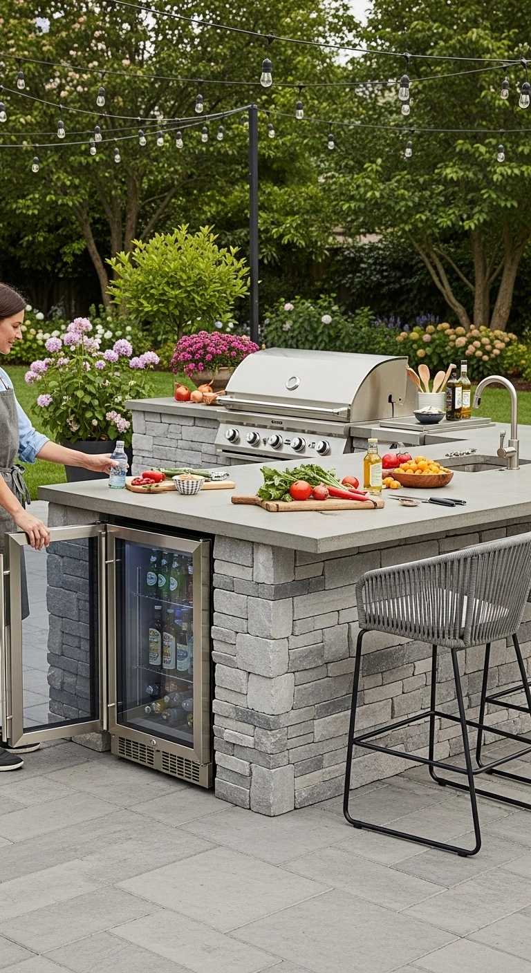 Backyard outdoor kitchen with built-in beverage fridge illustrating convenient outdoor kitchen ideas.