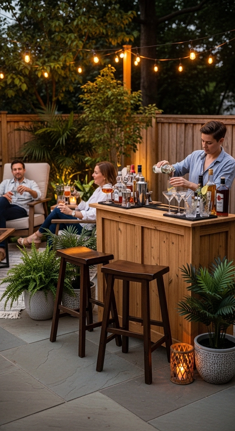 Backyard patio drink station demonstrating outdoor mini bar ideas.