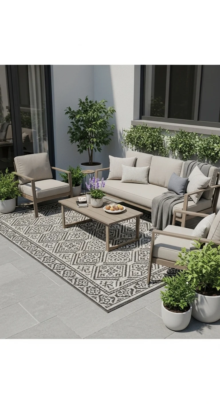 Outdoor rug under patio seating highlighting stylish outdoor patio ideas for backyard spaces.