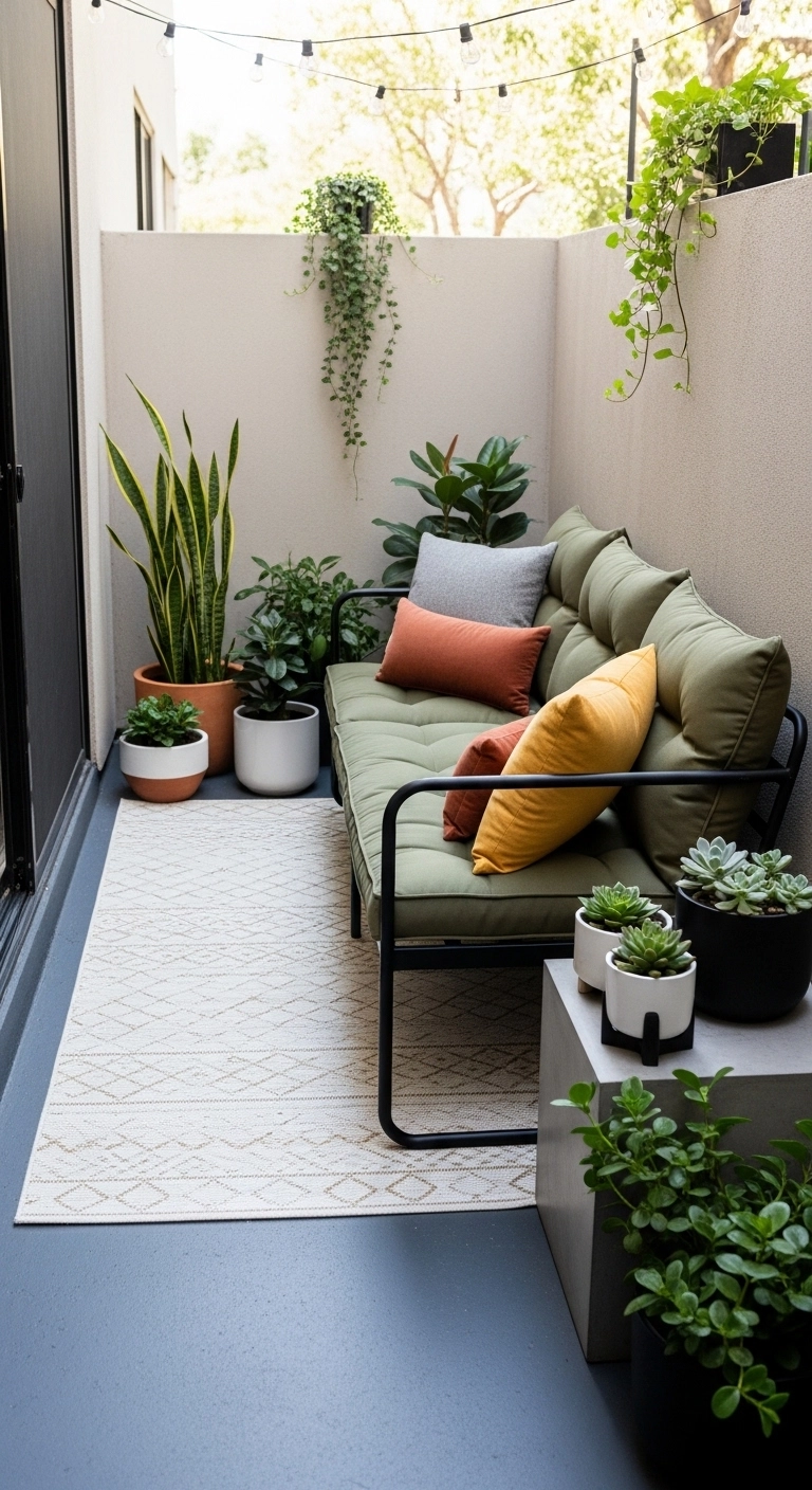 Tiny patio ideas with an outdoor rug defining a cozy seating area