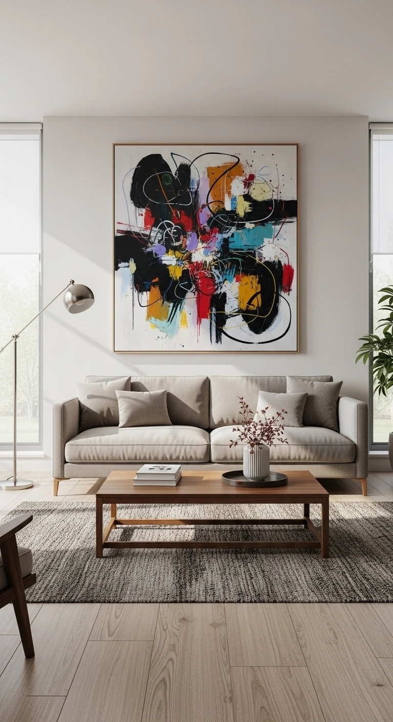 Interior design living room with oversized abstract wall art above sofa.