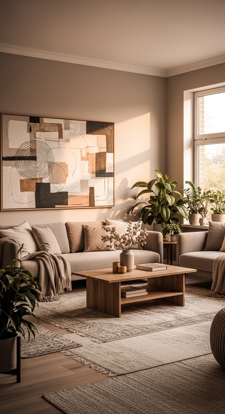 Aesthetic living room with oversized artwork above a neutral sofa.