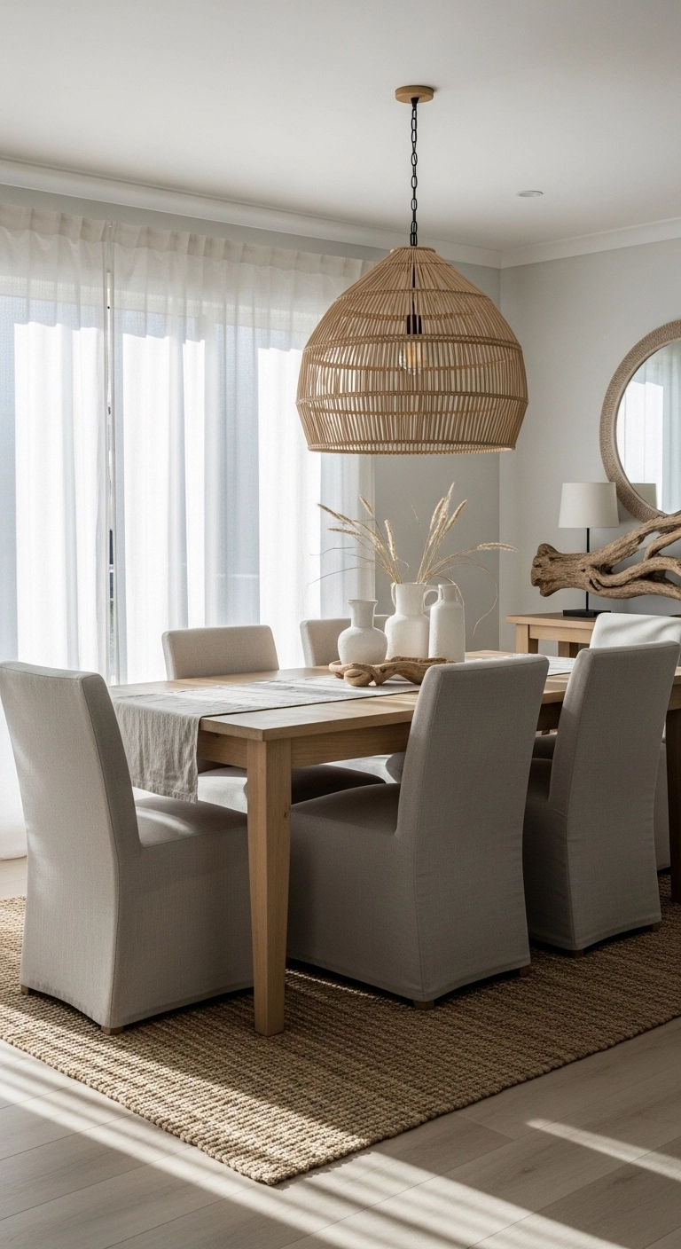 Beach house dining room with oversized woven pendant light over a light wood table and coastal décor
