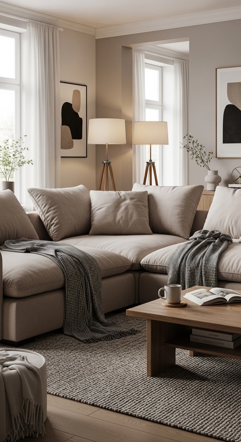 Cozy living room design with oversized deep sofa, plush cushions, and warm lighting creating a comfortable relaxing space.