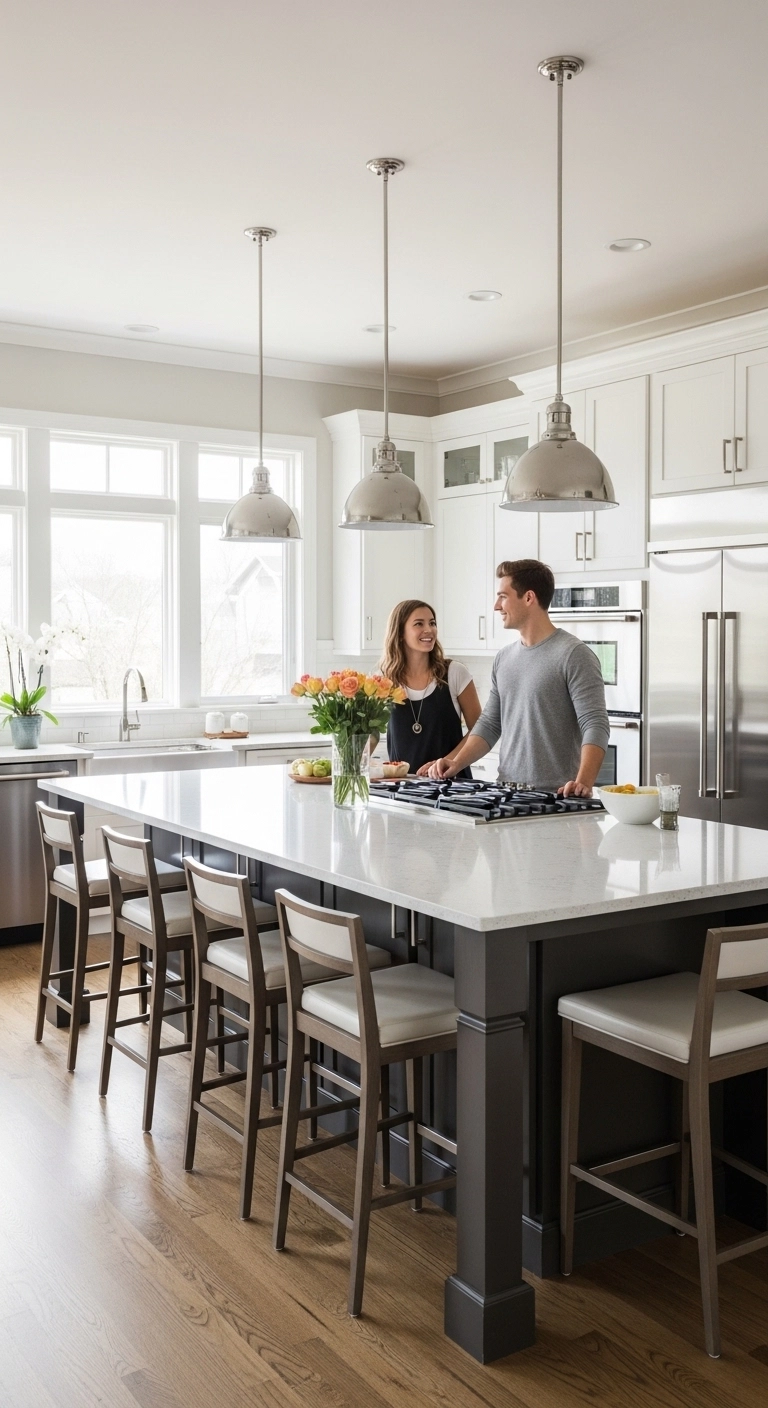 Large oversized kitchen island with seating and storage in a modern home showcasing stylish kitchen island ideas.