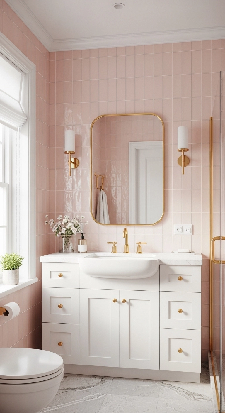 Pastel bathroom tile design with soft pink tiles and modern decor