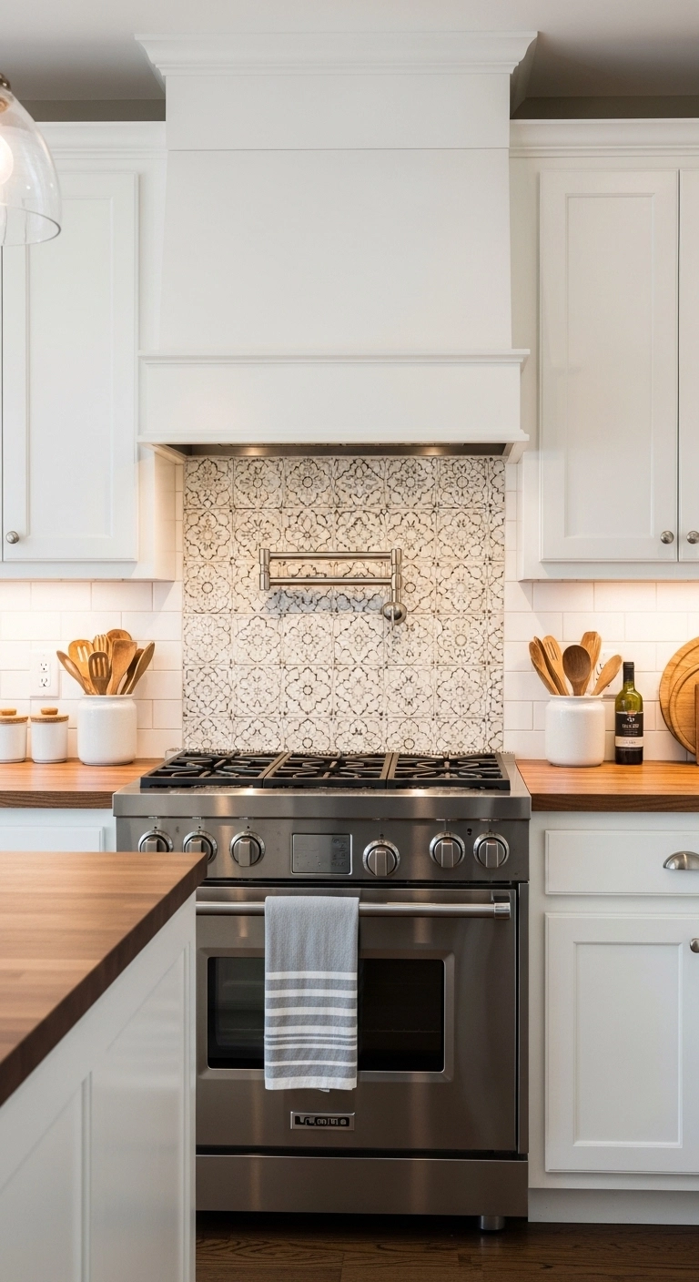Patterned tile backsplash behind stove in a farmhouse kitchen highlighting stylish farmhouse kitchen ideas.