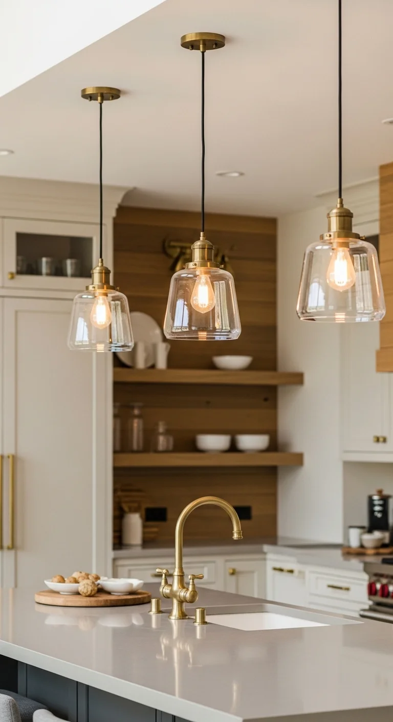 Kitchen island with glass pendant lights and brass accents representing warm neutral kitchen ideas with stylish lighting.