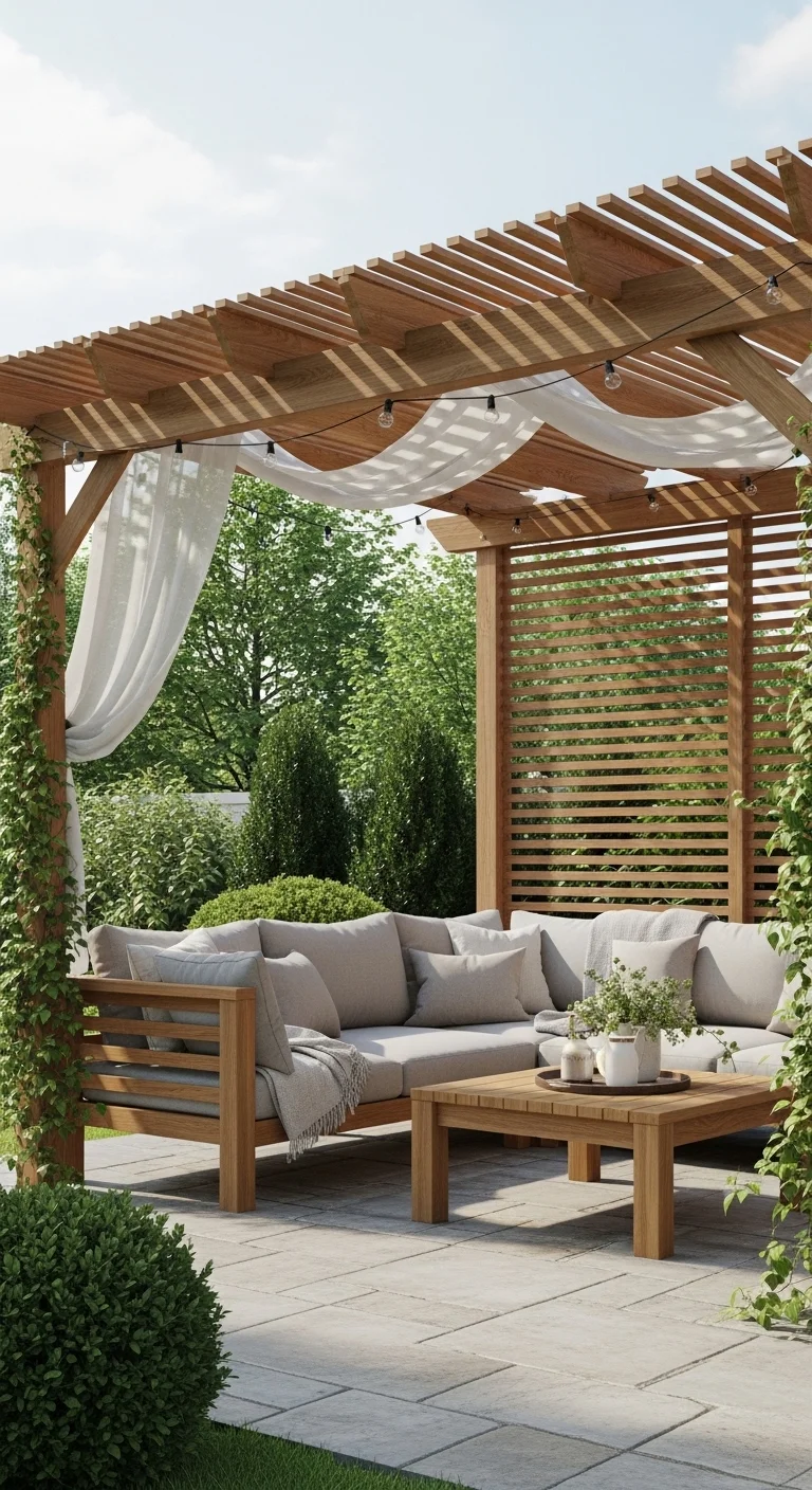 Wooden pergola providing shade over seating area in modern outdoor patio ideas backyard design.