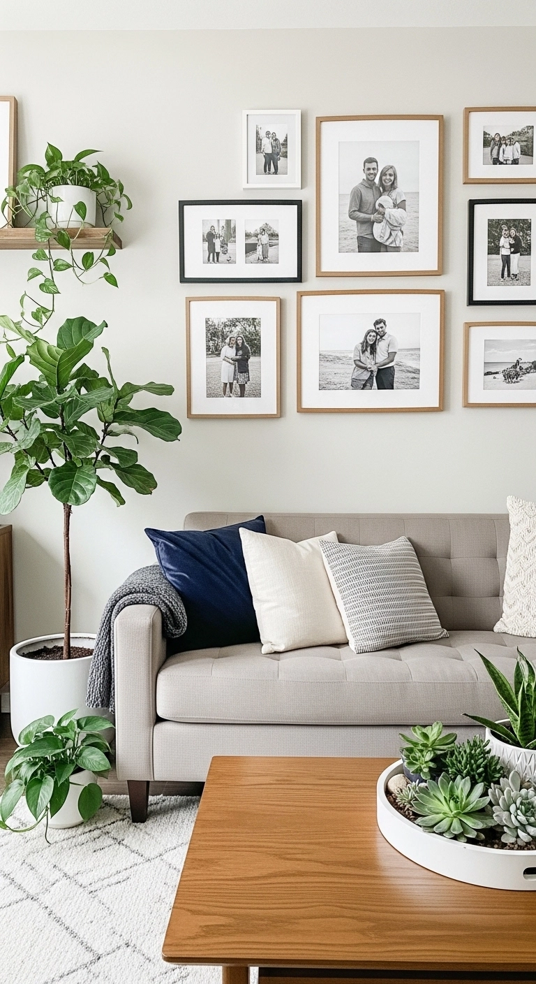 Aesthetic living room with personal decor touches and neutral furniture.