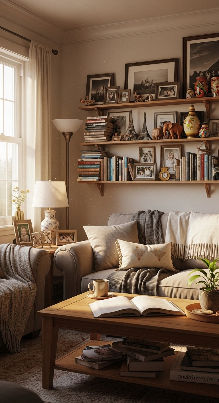 Cozy living room design with warm neutral color palette featuring beige walls, taupe sofa, and soft natural textures.