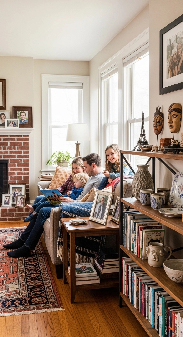 Interior design living room with personal decor including photos and souvenirs.