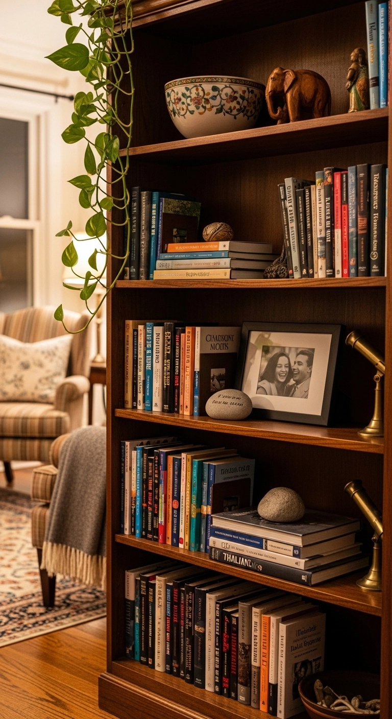 Bookshelf decor ideas with personal keepsakes and books