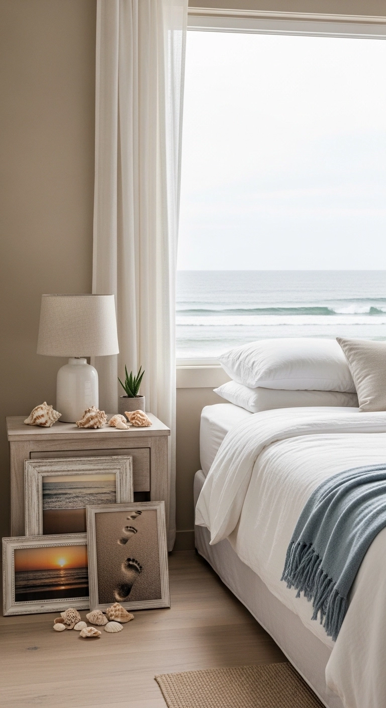 Beach bedroom ideas with personal beach decor like seashells and travel photos