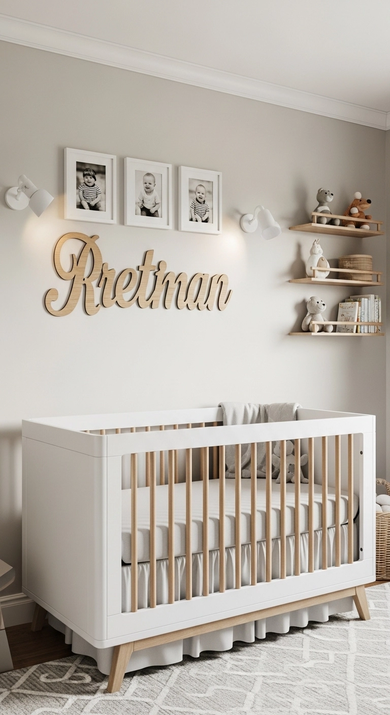 personalized baby nursery ideas for boys with wooden name sign above crib and custom wall decor