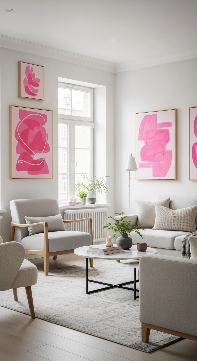 Pink living room ideas with abstract wall art and modern decor