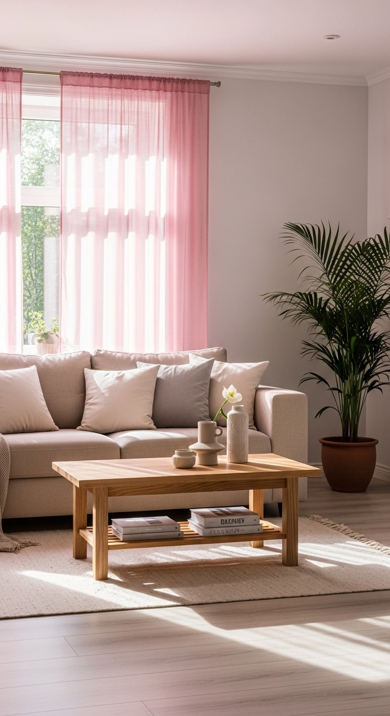 Pink living room ideas with soft pink curtains and natural light