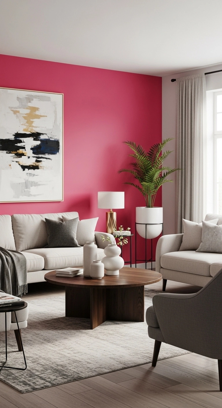 pink living room ideas with bold feature wall design