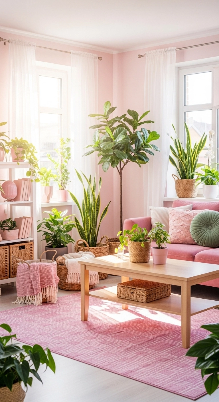 pink living room ideas with plants and natural wood elements
