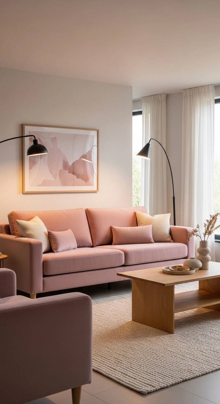 pink living room ideas with velvet pink sofa centerpiece