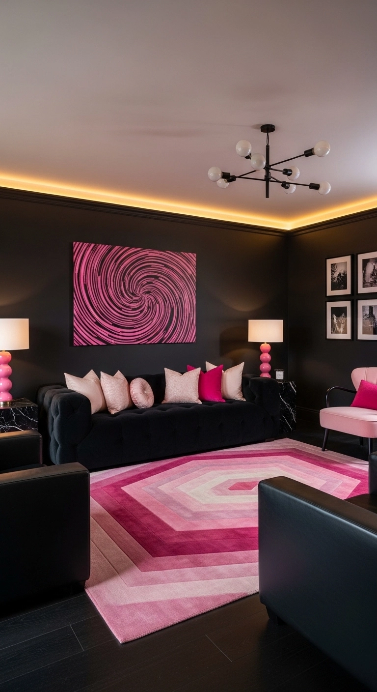 Pink living room ideas with bold black and pink contrast