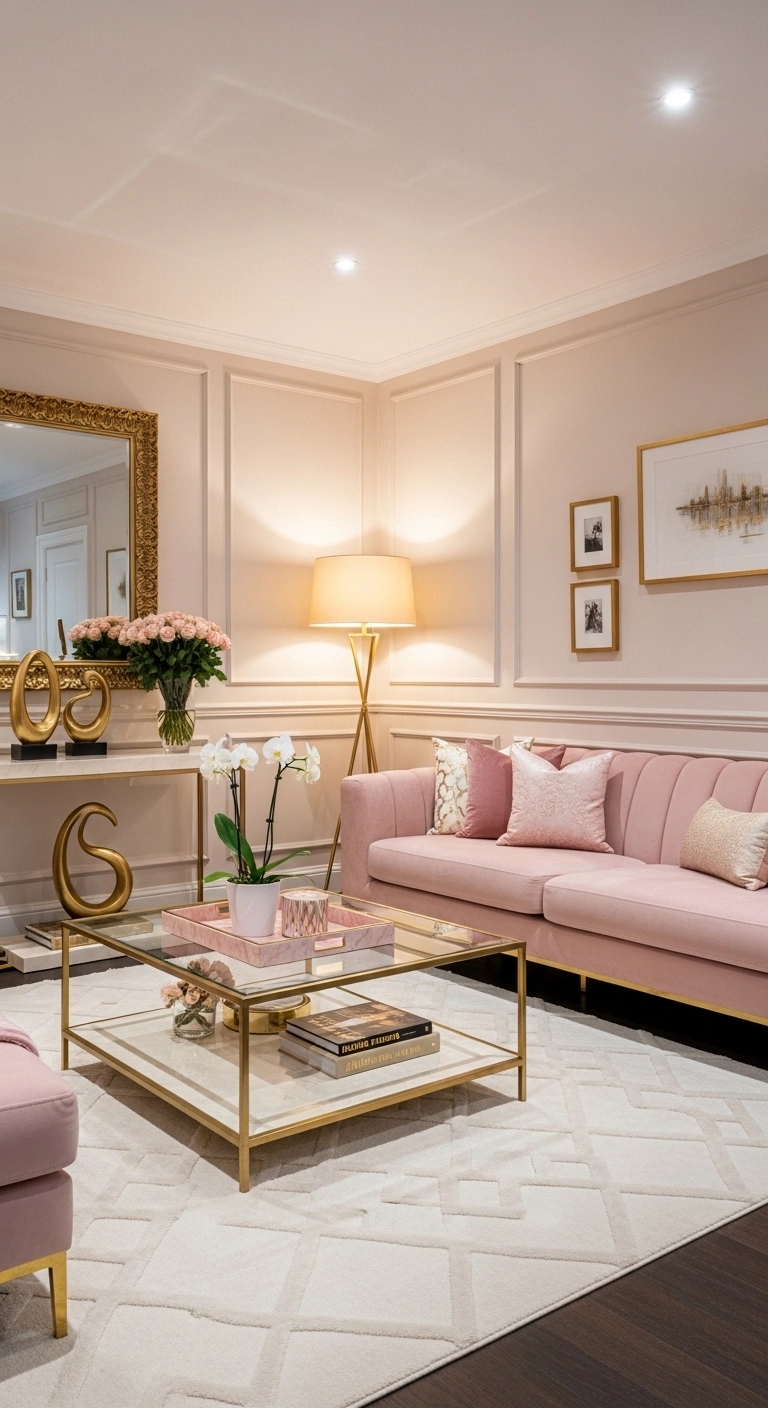 pink living room ideas with gold accents and elegant styling