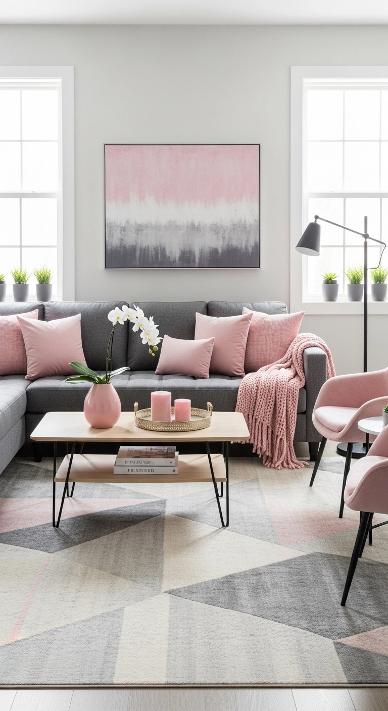 Pink living room ideas using gray sofa and pink accents