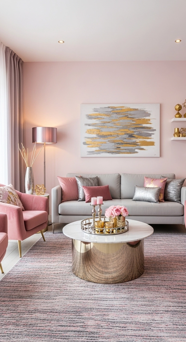 Pink living room ideas with metallic gold and rose accents