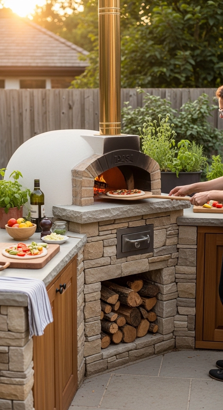 Backyard pizza oven cooking area showing creative outdoor kitchen ideas for entertaining.