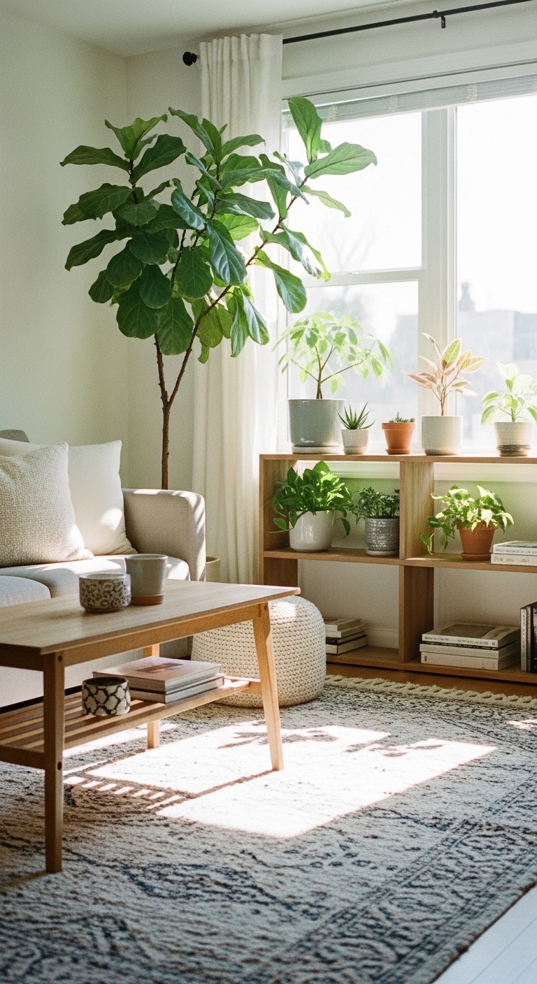Cozy living room design with indoor plants including fiddle leaf fig and natural décor.