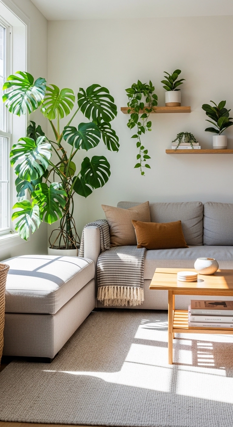 Interior design living room with indoor plants including monstera and snake plant.