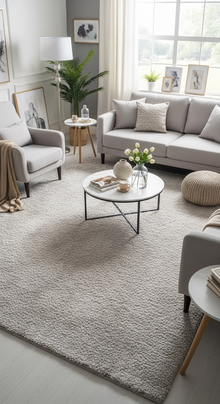 Cozy living room design with large plush area rug under sofa and coffee table.