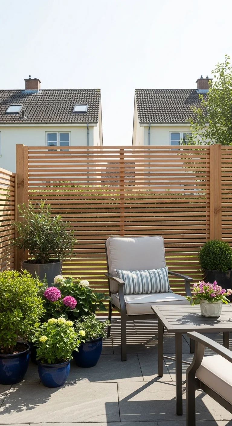 Wooden privacy screen creating secluded outdoor patio ideas for relaxing backyard spaces.